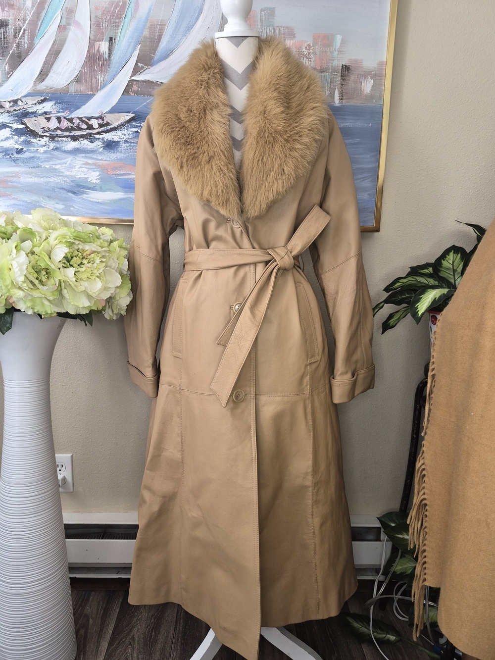 Vintage Terry Lewis Classic Luxuries Tan Leather Trench Coat with Fur Collar